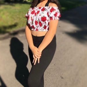 red floral cropped blouse